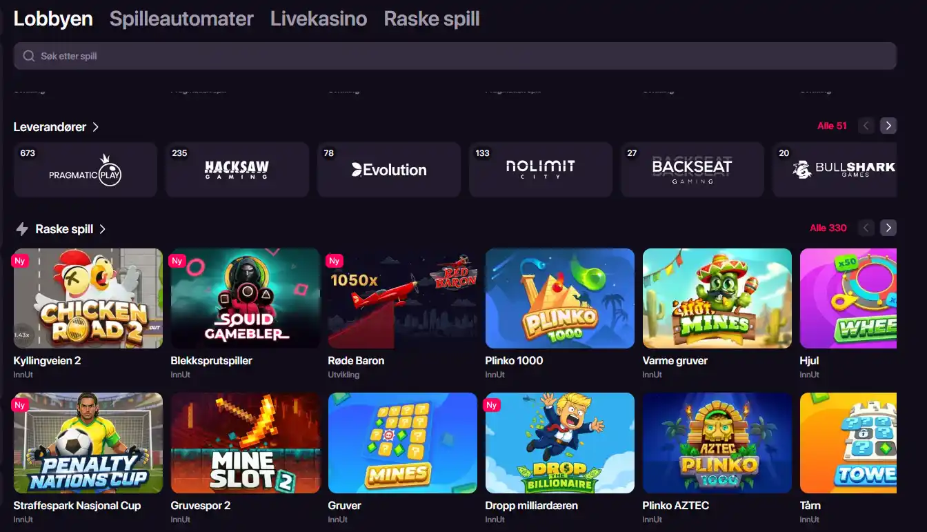 CHEXX spillobby med slots, live casino, fast games og leverandørnavigasjon