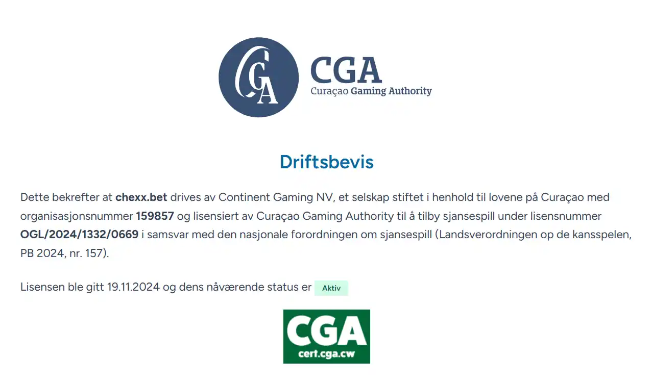 Skjermbilde av Curaçao Gaming Authority sin lisensoppføring for chexx.bet