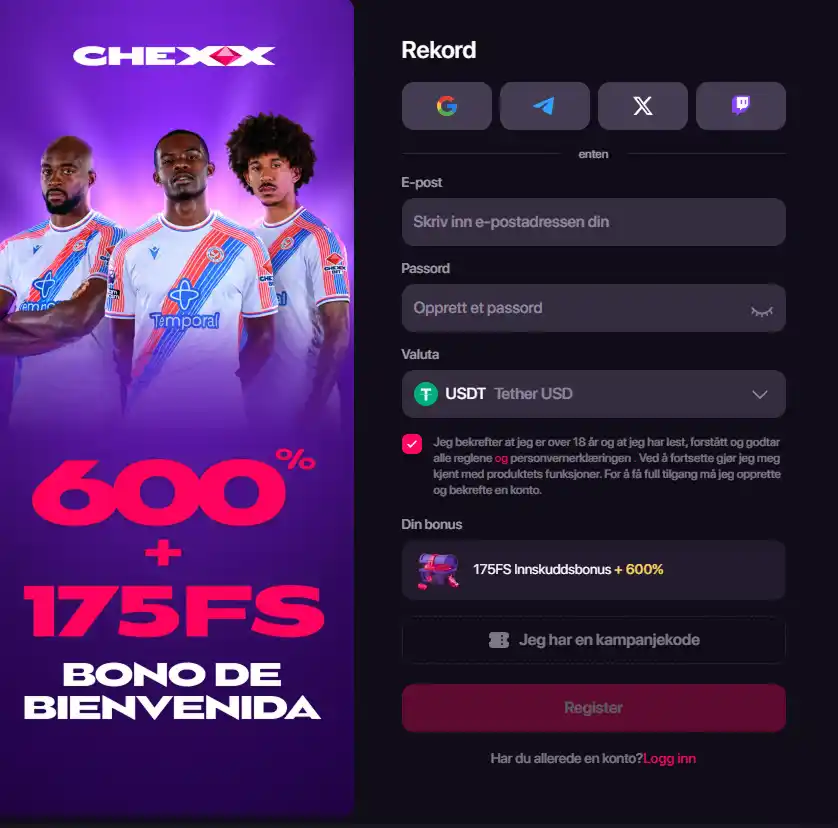 CHEXX registreringsvindu med alternative konto- og innloggingsmetoder