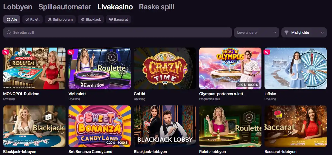 CHEXX Live Casino-lobby med roulette, game show, blackjack og baccarat