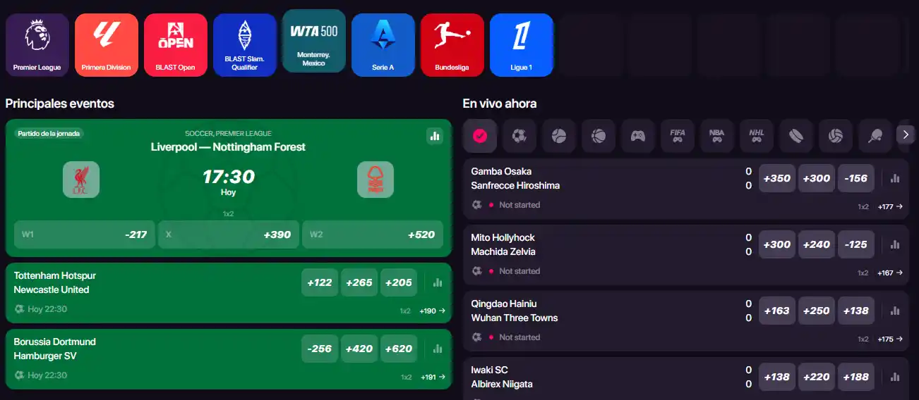 CHEXX sportsbook med hovedidretter og markedsnavigasjon