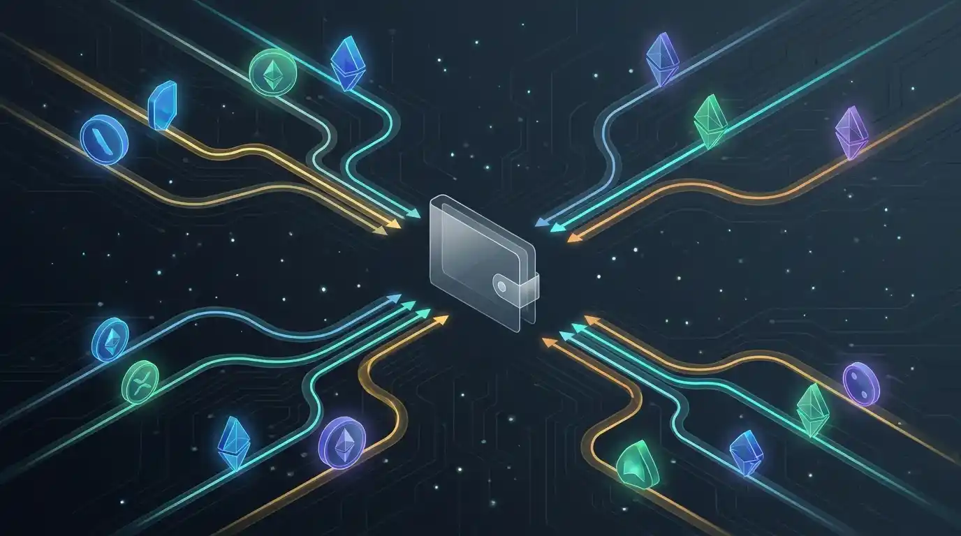 Illustrasjon av kryptoaktiva og blokkjedenettverk knyttet til en digital betalingskonto