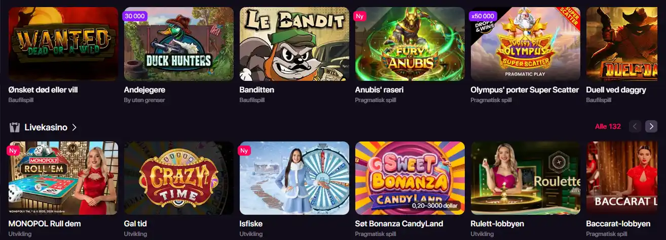 Skjermbilde av CHEXX casino-lobby med slots, live casino og raske spillkategorier